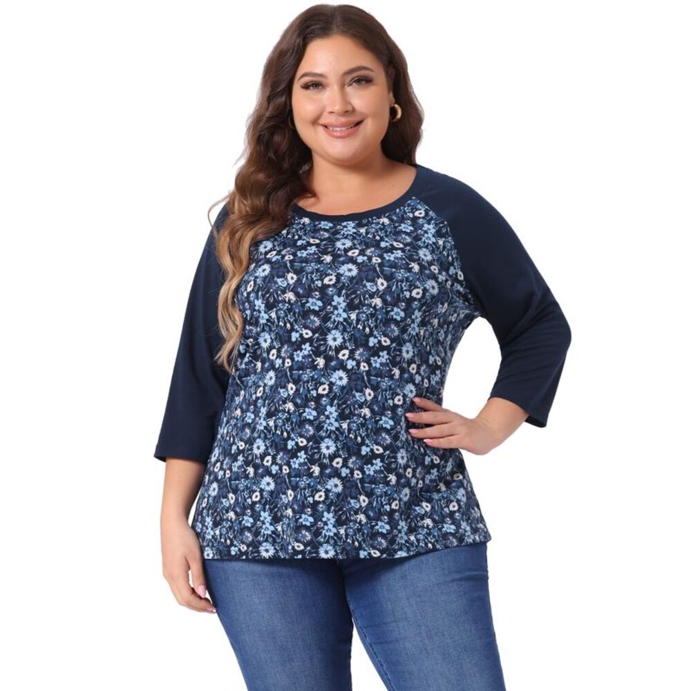 Plus Size Top Floral Printed Raglan Sleeves T Shirt Dark Blue
